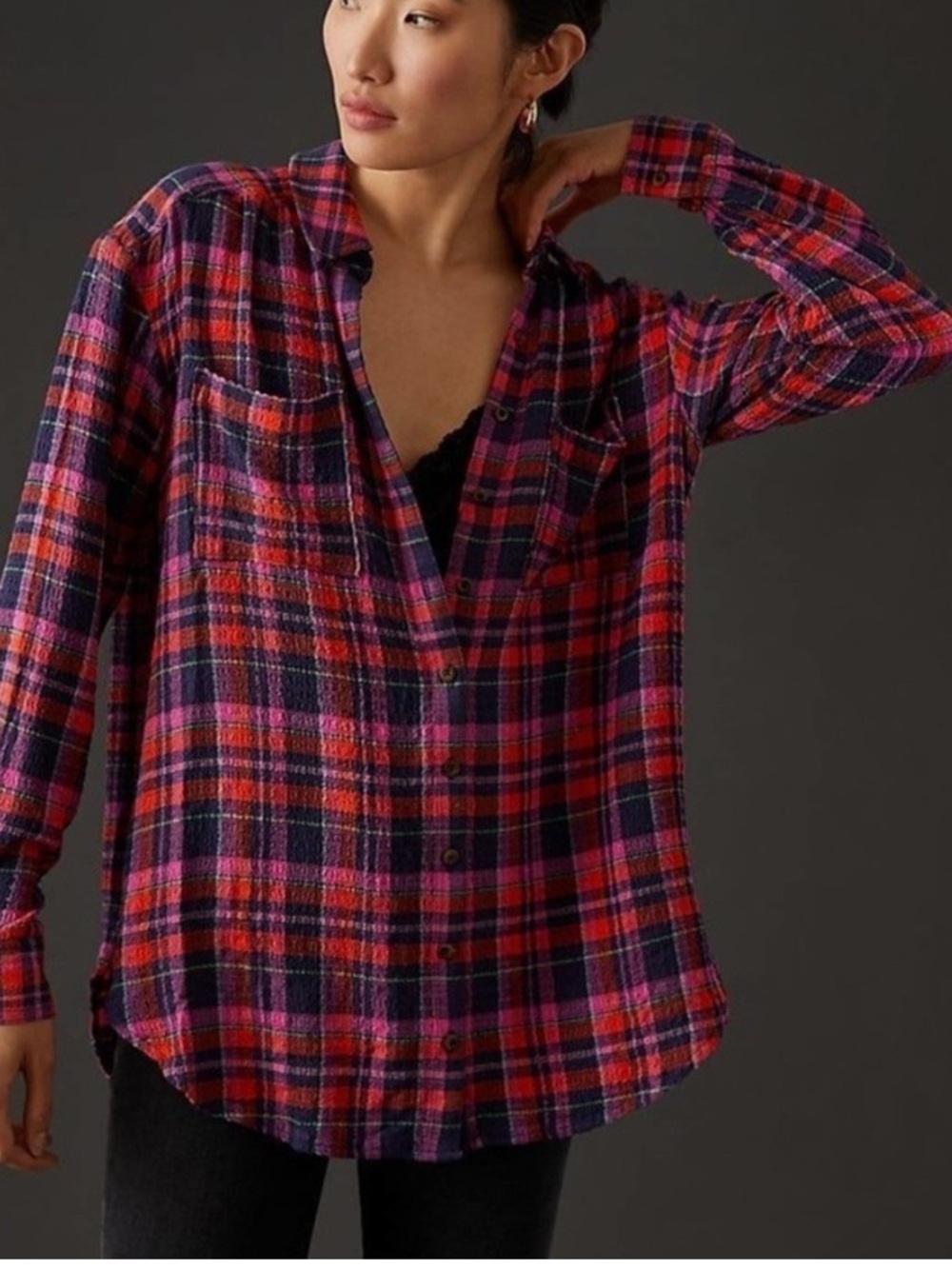 Pilcro Plaid Button-Down Shirt in Purple, Pink & Orange